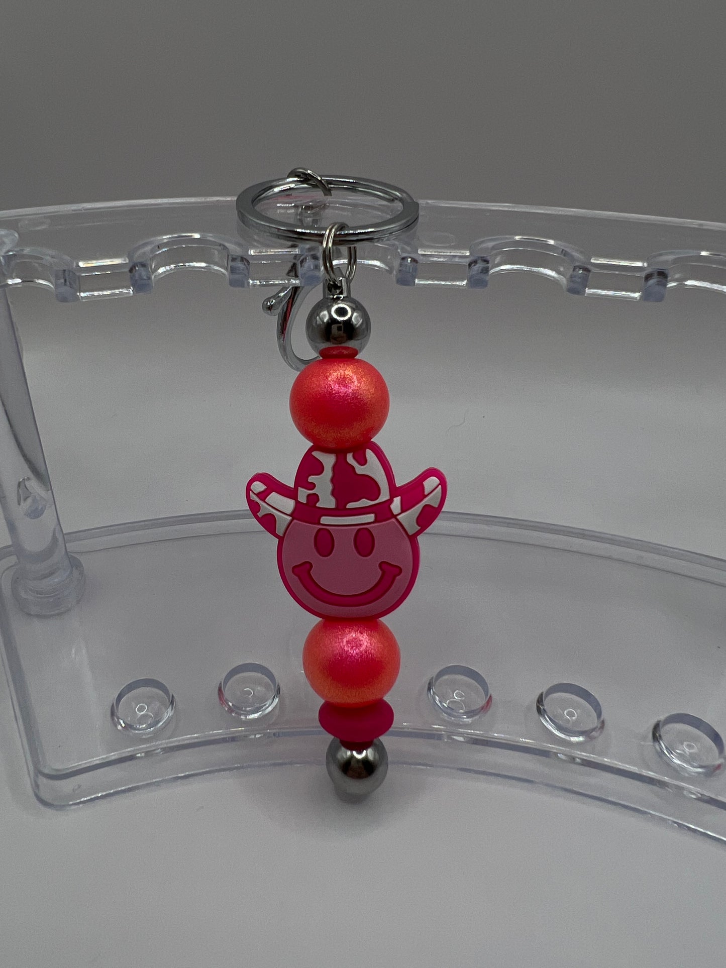 Pink Opal Cowboy Smiley Keychain